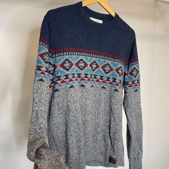 Hollister Mens Fair Isle Crew Neck Sweater Blue Gray Knit Pullover - Picture 5 of 8